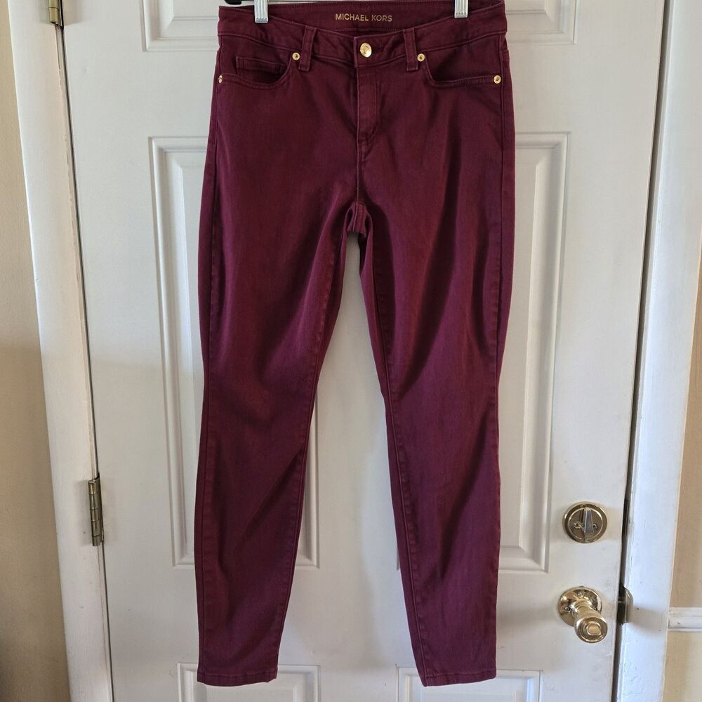 Michael Kors Jeans Women’s 4 Maroon Denim Izzy Skinny Stretch Gold MK Low Rise